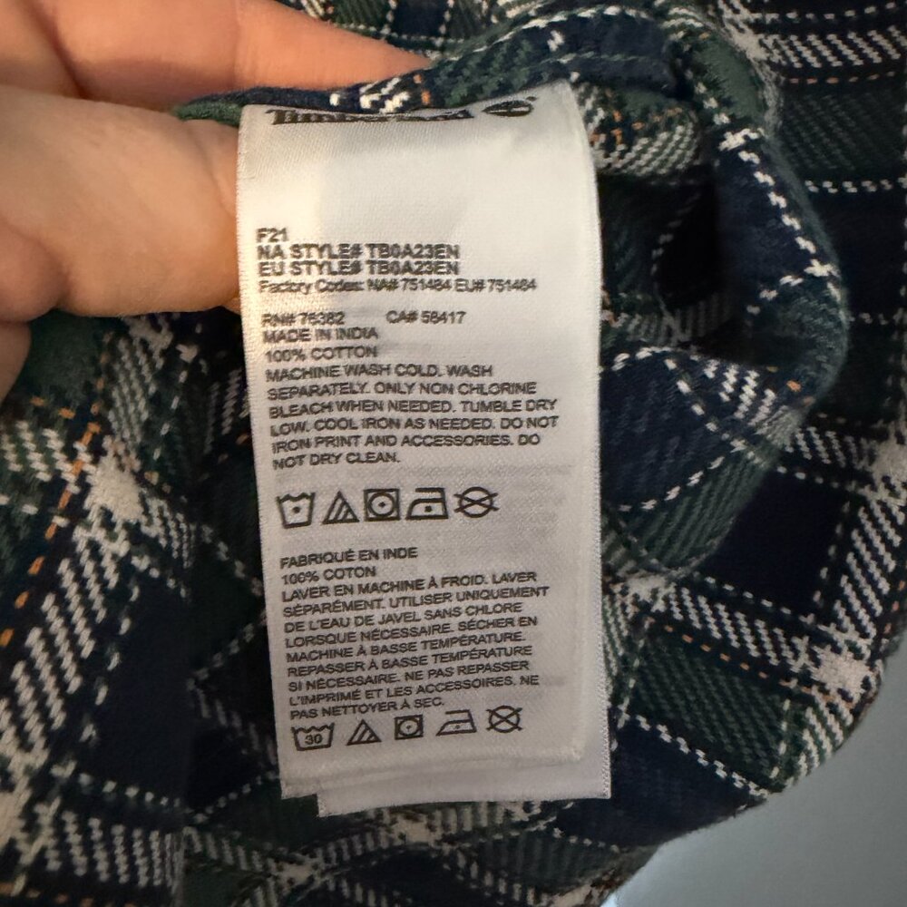 Mens Timberland Heavyweight Flannel Green Blue Large - Picture 3 of 4